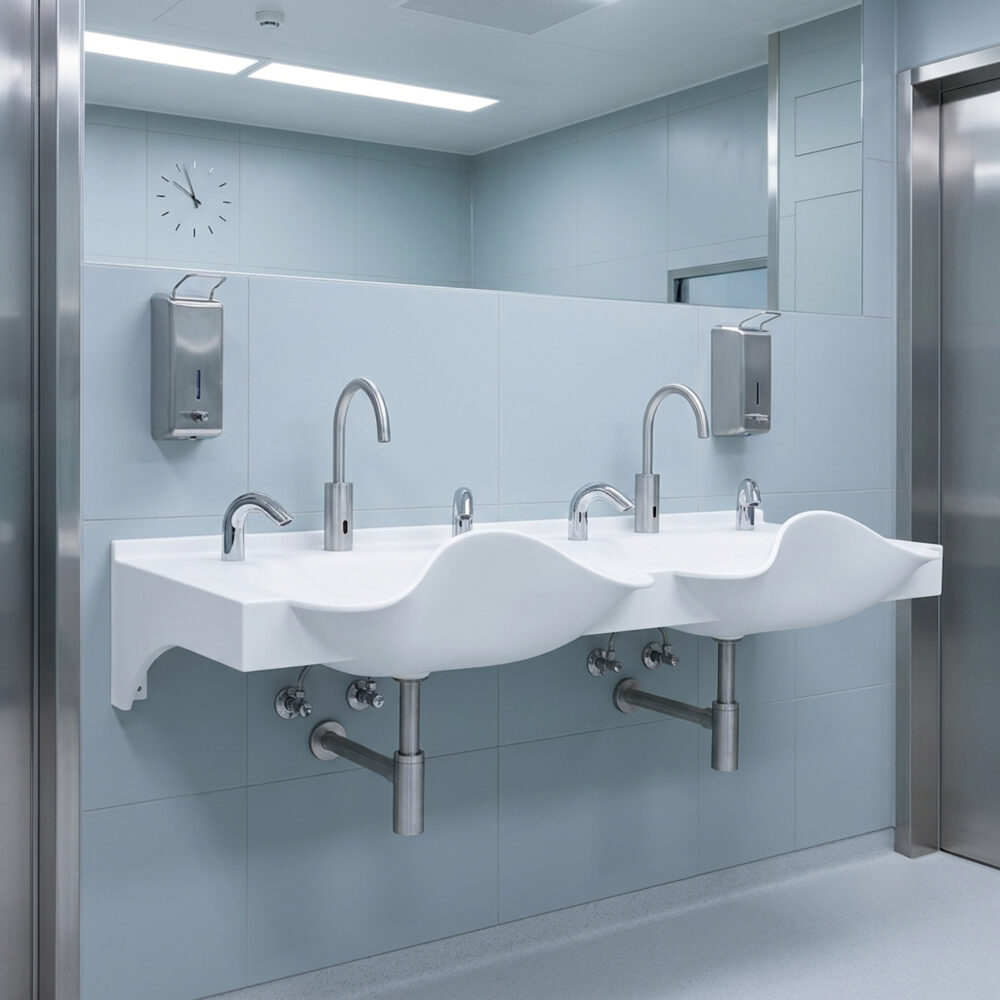 Modern double wash station with two integrated sinks made from white Corian, featuring seamless contours and chrome sensor taps in a clean clinical environment. The durable white Corian countertop and basins provide a hygienic, easy-to-clean surface for healthcare settings, complemented by wall-mounted soap dispensers, a large mirror, and minimalist interior finishes.