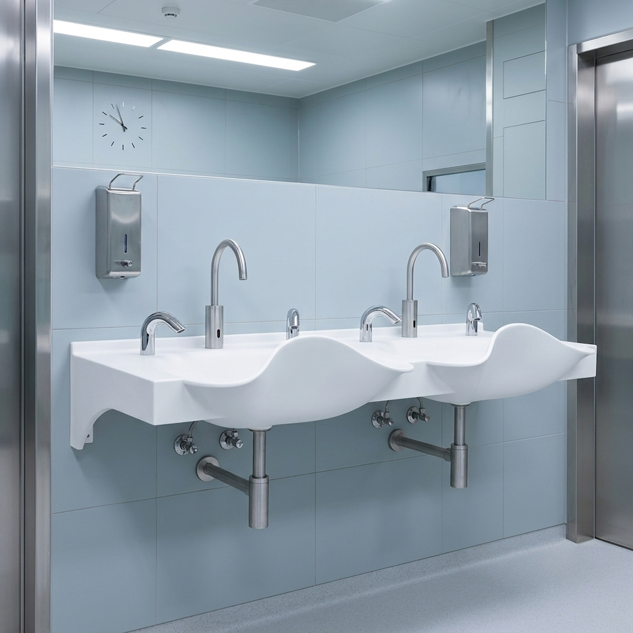 Modern double wash station with two integrated sinks made from white Corian, featuring seamless contours and chrome sensor taps in a clean clinical environment. The durable white Corian countertop and basins provide a hygienic, easy-to-clean surface for healthcare settings, complemented by wall-mounted soap dispensers, a large mirror, and minimalist interior finishes.