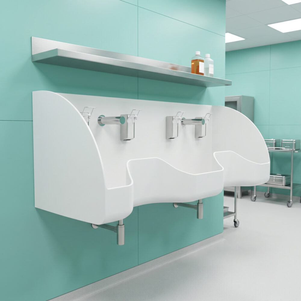 WDO Double surgical scrub sink, made from Corian solid surface