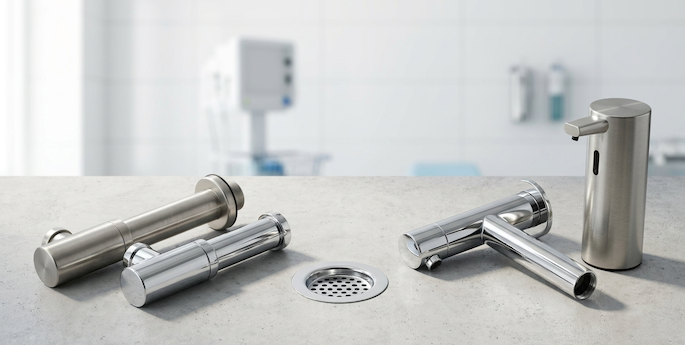 Stainless steel scrub sink accessories: sensor faucets and drain siphon on a countertop
