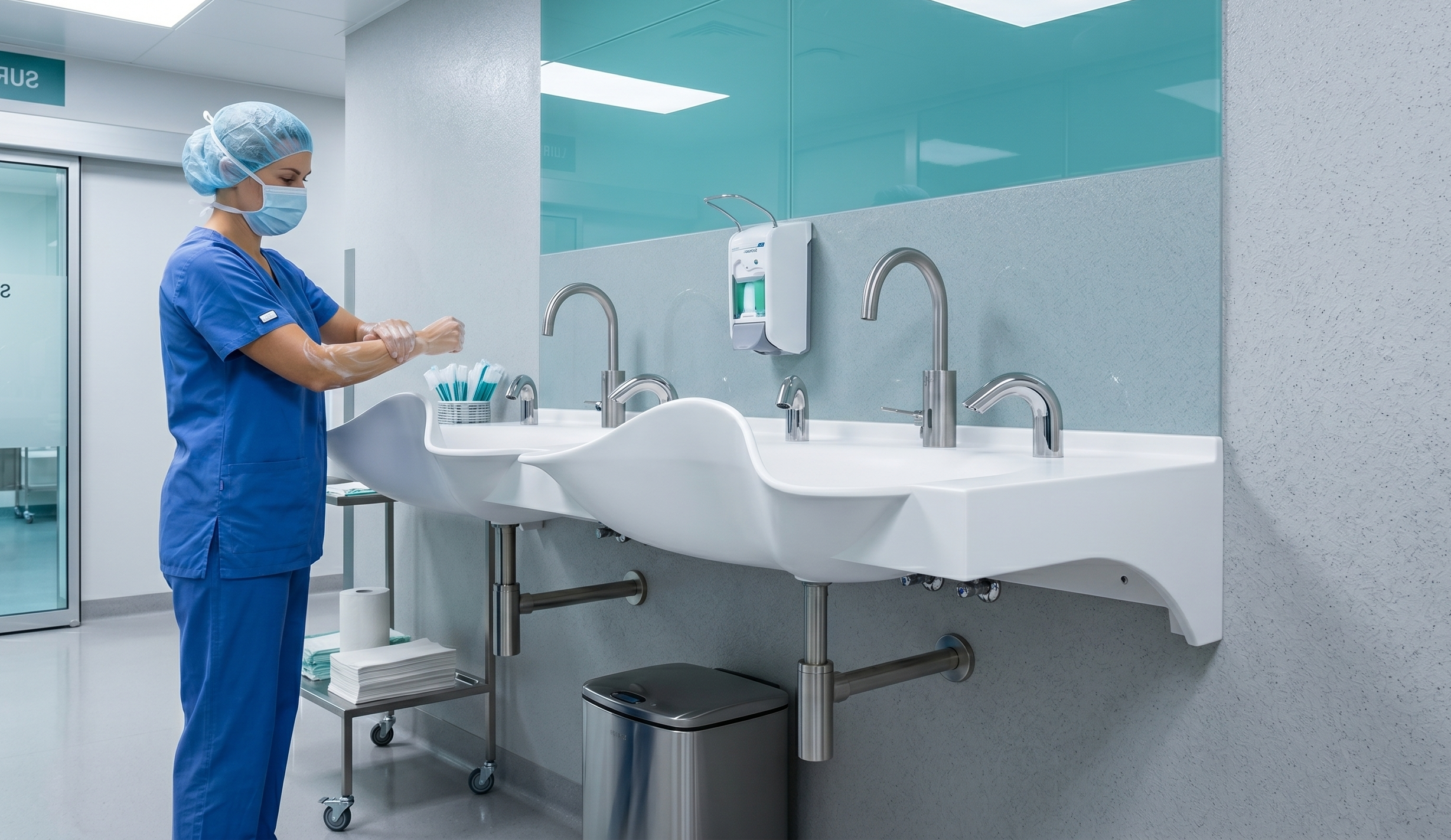 Nurse washing hands at a Flow surgical scrub sink, made from Corian solid surface